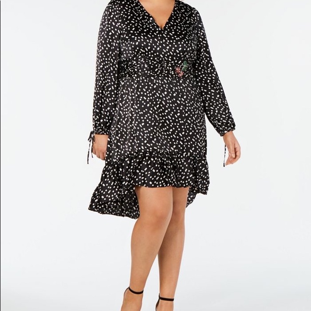 Betsey Johnson Black Polka Dot long sleeve Satin Hi Low Midi Dress size 14W